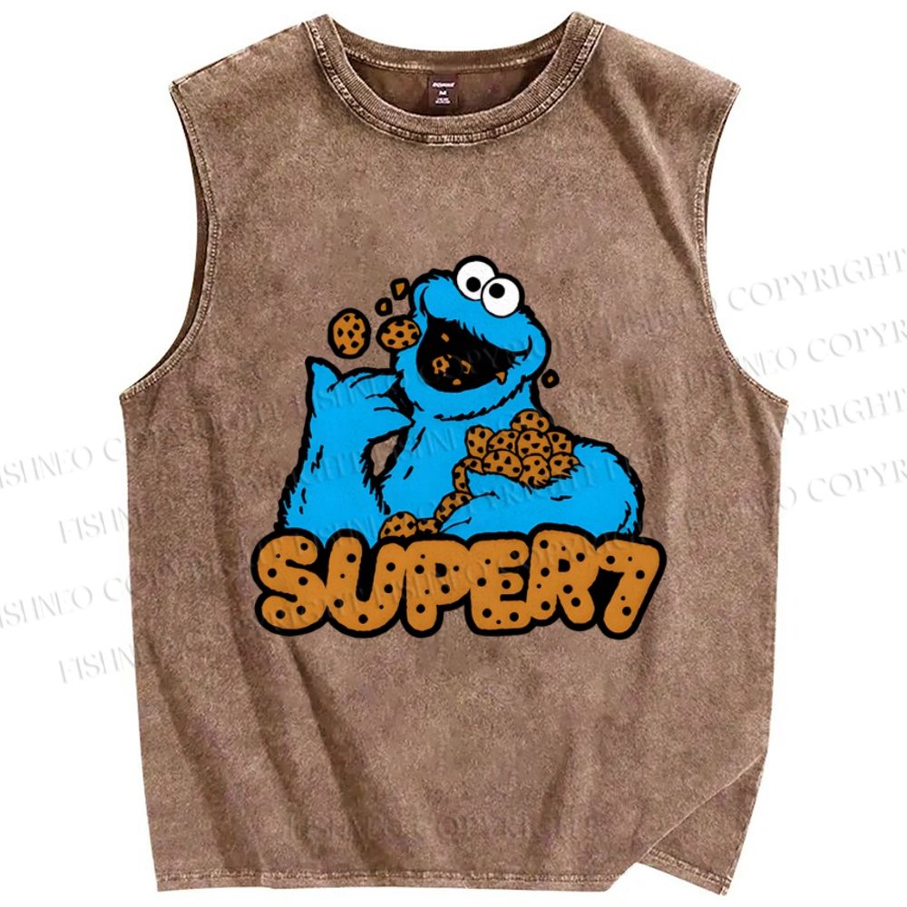 Unisex Monster Eating Cookies Printed Washed Tank Top