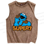 Unisex Monster Eating Cookies Printed Washed Tank Top
