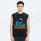 Unisex Monster Eating Cookies Printed Washed Tank Top
