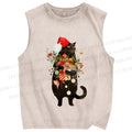 Unisex Black Cat Holding Christmas Printed Washed Tank Top