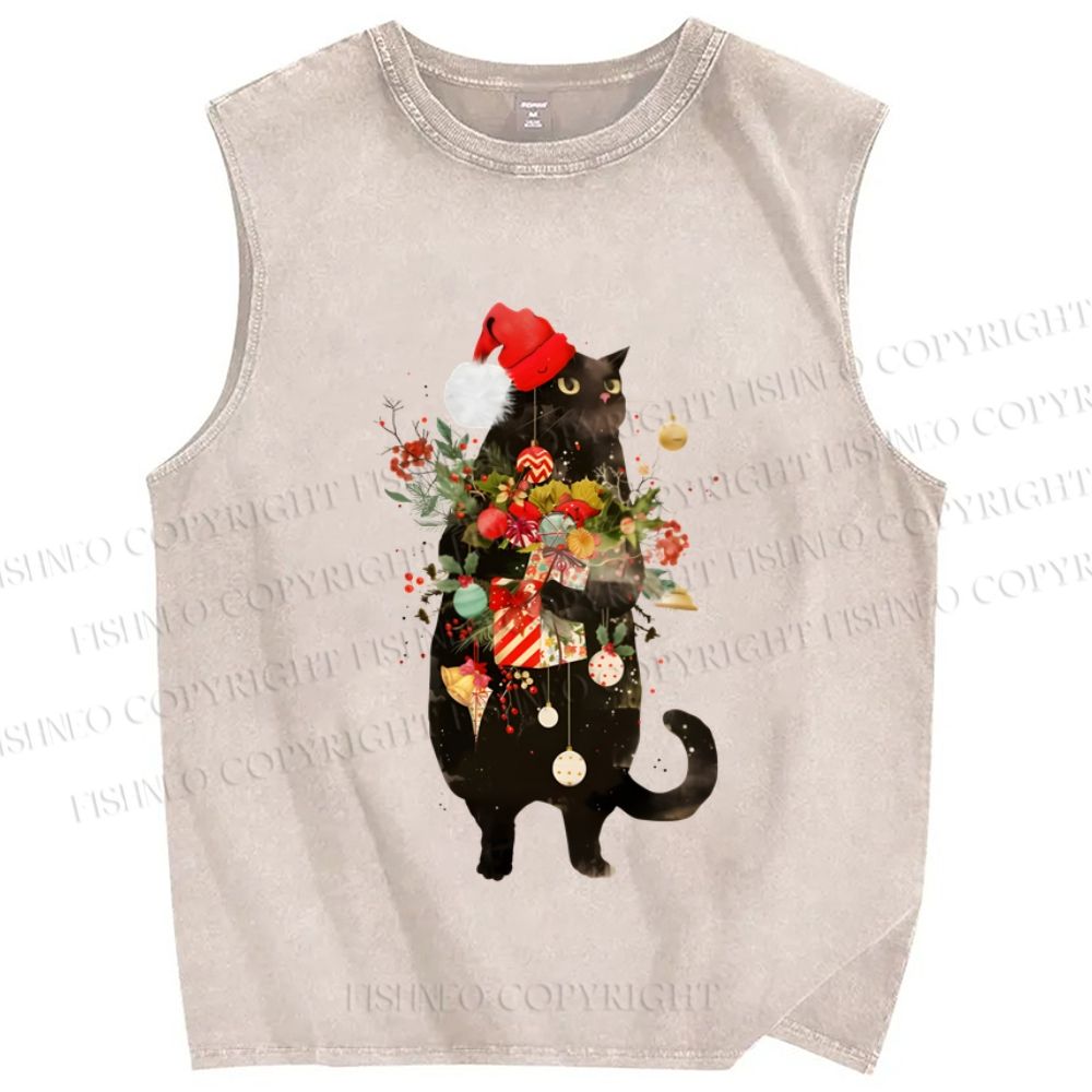 Unisex Black Cat Holding Christmas Printed Washed Tank Top