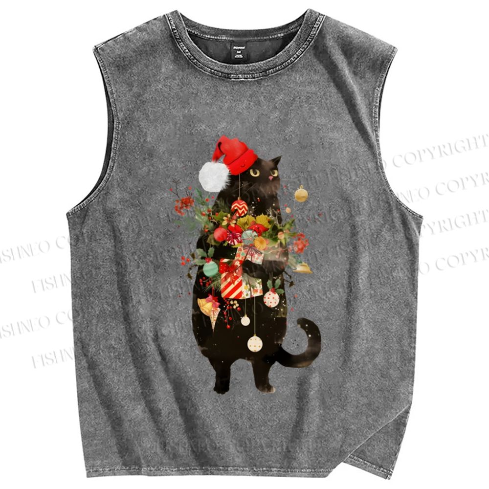 Unisex Black Cat Holding Christmas Printed Washed Tank Top
