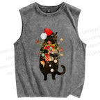 Unisex Black Cat Holding Christmas Printed Washed Tank Top