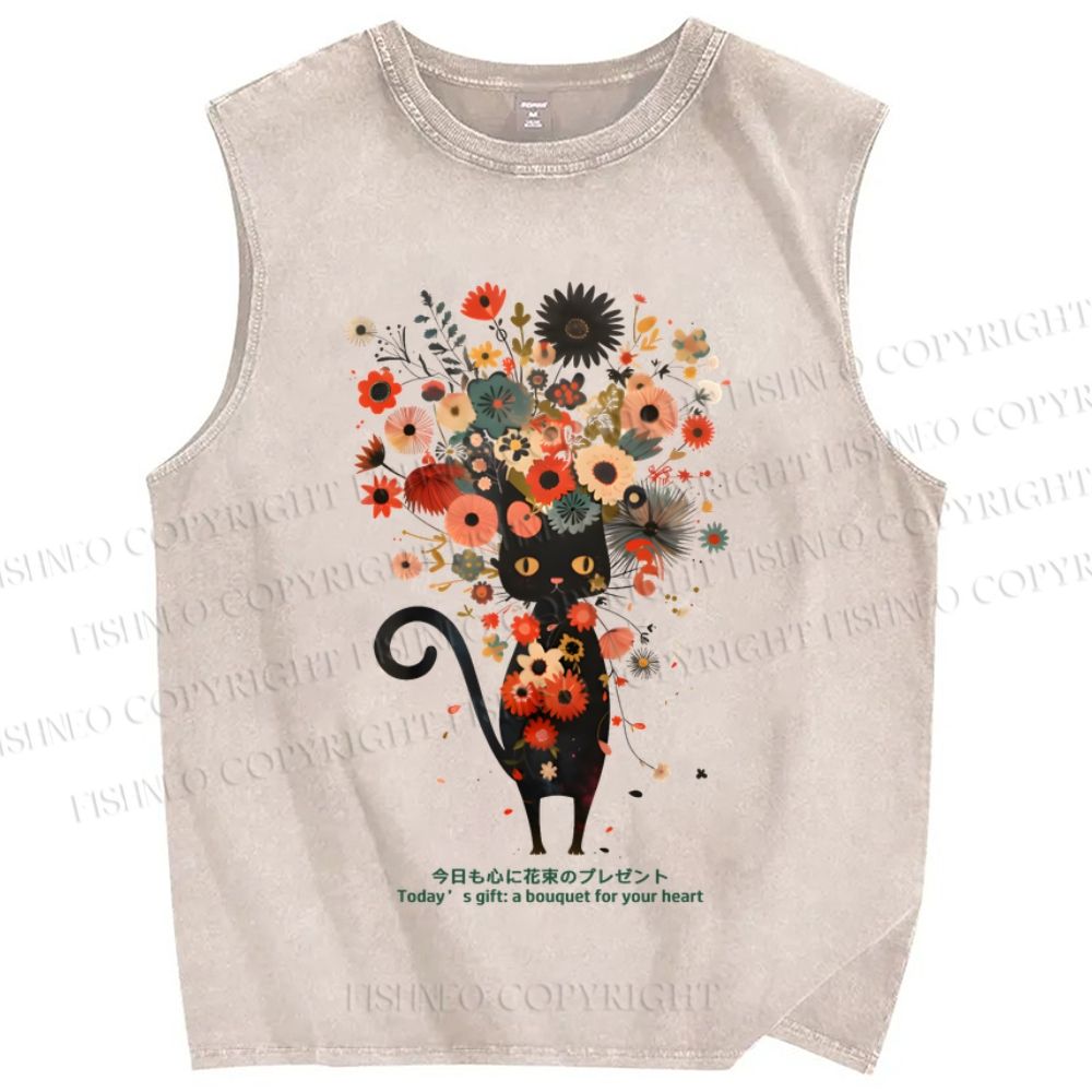 Unisex Black Cat With Flowers Printed Washed Tank Top