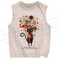 Unisex Black Cat With Flowers Printed Washed Tank Top