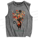 Unisex Black Cat With Flowers Printed Washed Tank Top