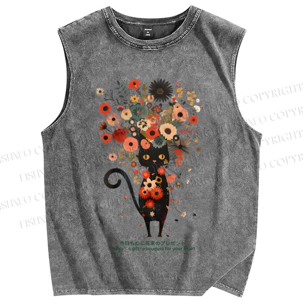Unisex Black Cat With Flowers Printed Washed Tank Top