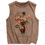 Unisex Black Cat With Flowers Printed Washed Tank Top