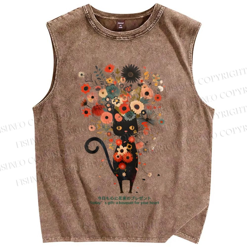 Unisex Black Cat With Flowers Printed Washed Tank Top