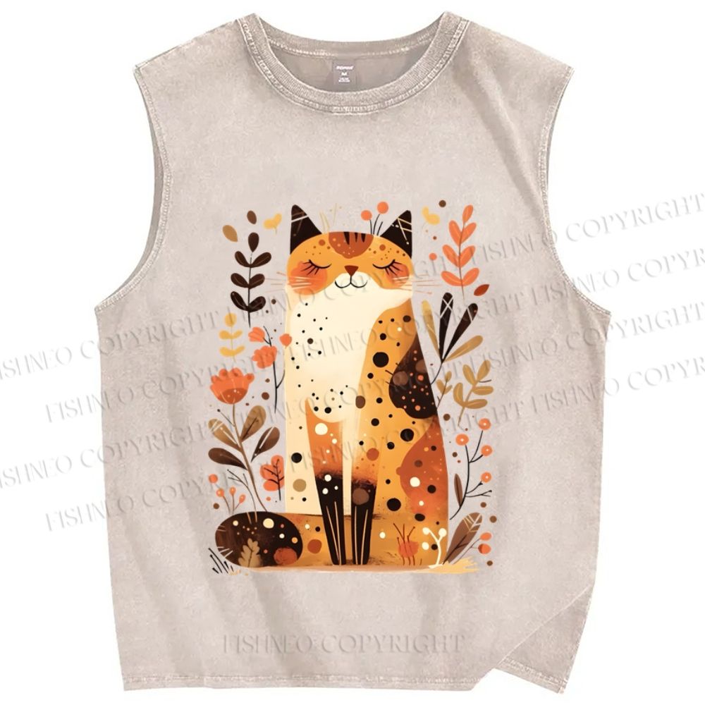 Unisex Cat In Autumn Printed Washed Tank Top