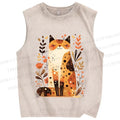 Unisex Cat In Autumn Printed Washed Tank Top