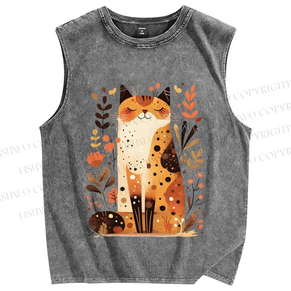 Unisex Cat In Autumn Printed Washed Tank Top