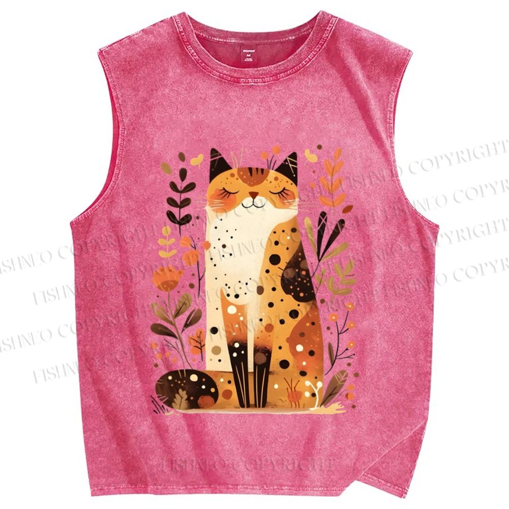 Unisex Cat In Autumn Printed Washed Tank Top