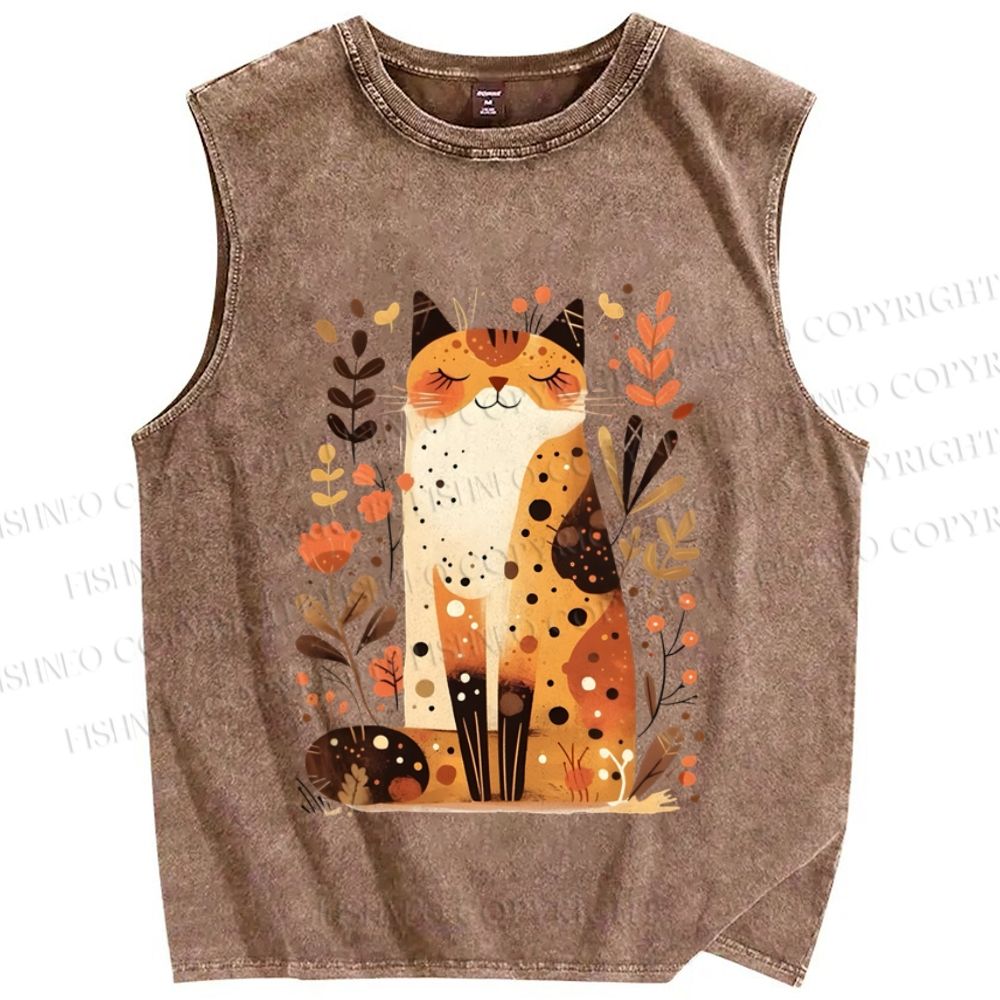 Unisex Cat In Autumn Printed Washed Tank Top