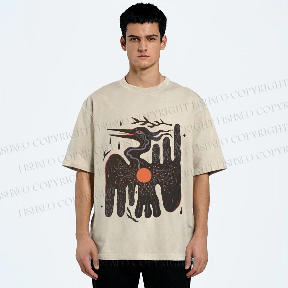 Unisex Bird Graffiti Printed Washed Tee