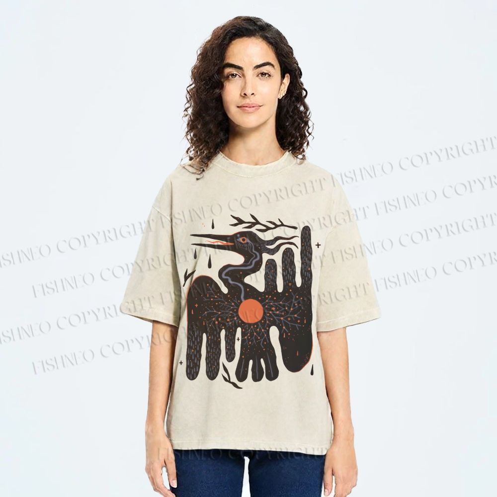 Unisex Bird Graffiti Printed Washed Tee