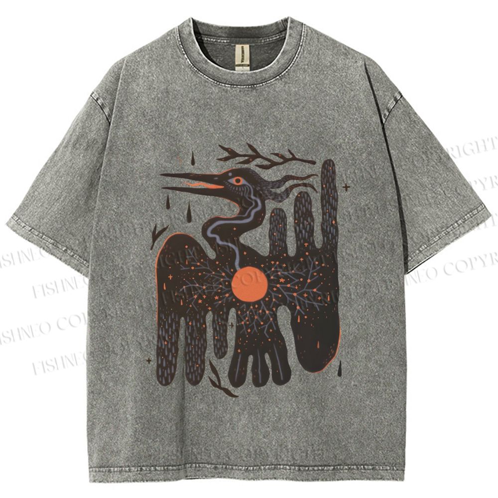 Unisex Bird Graffiti Printed Washed Tee