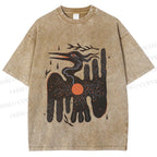 Unisex Bird Graffiti Printed Washed Tee