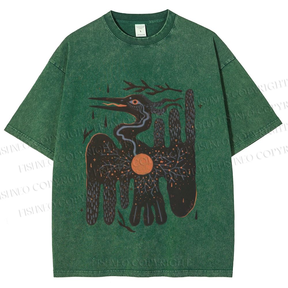 Unisex Bird Graffiti Printed Washed Tee