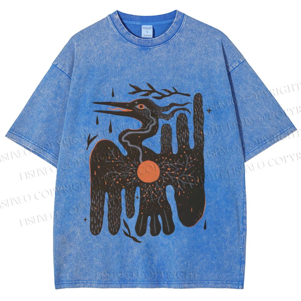 Unisex Bird Graffiti Printed Washed Tee