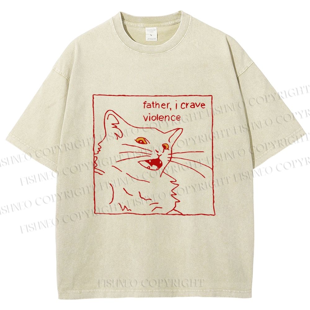 Unisex Evil Cat Crave Violence Printed Washed Tee