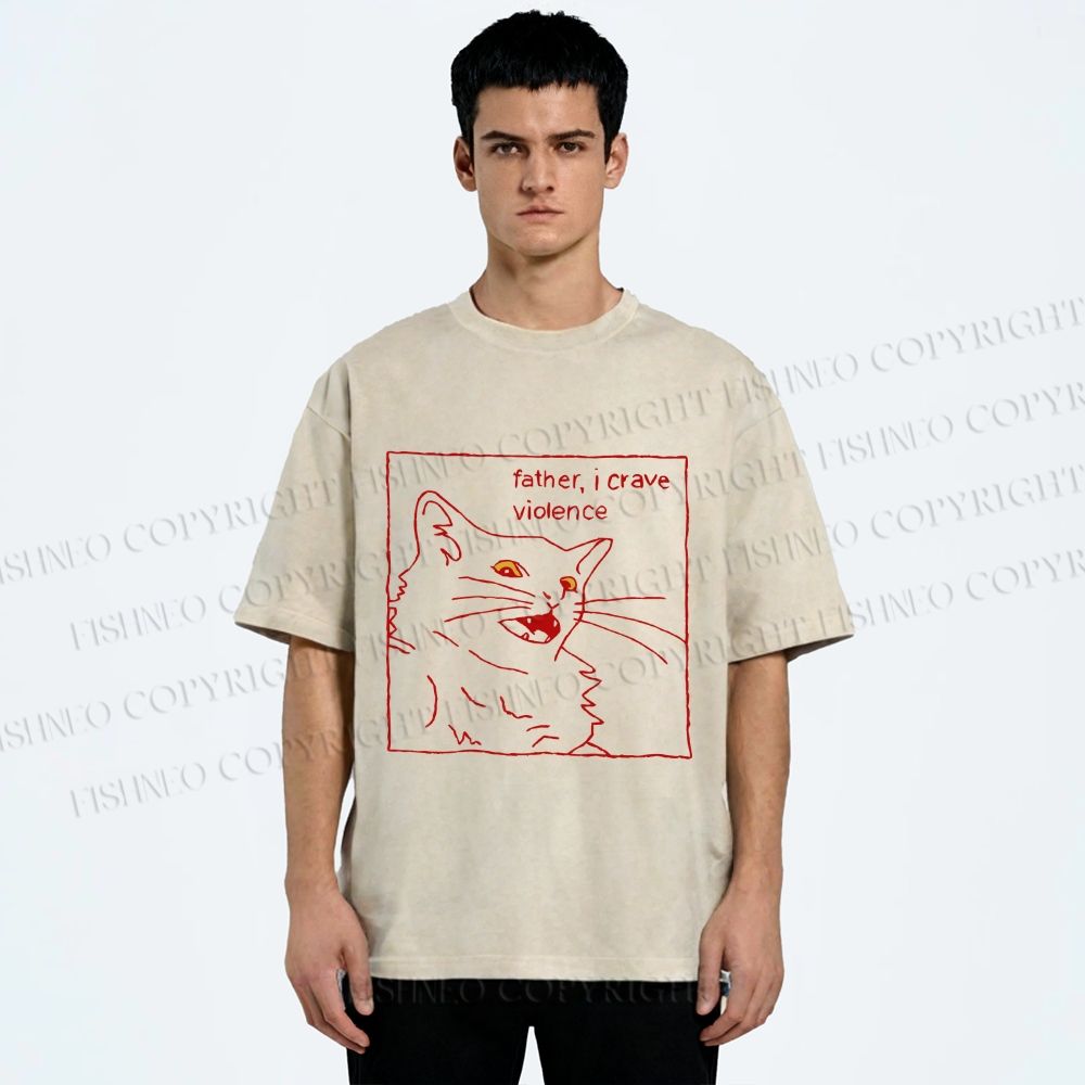 Unisex Evil Cat Crave Violence Printed Washed Tee