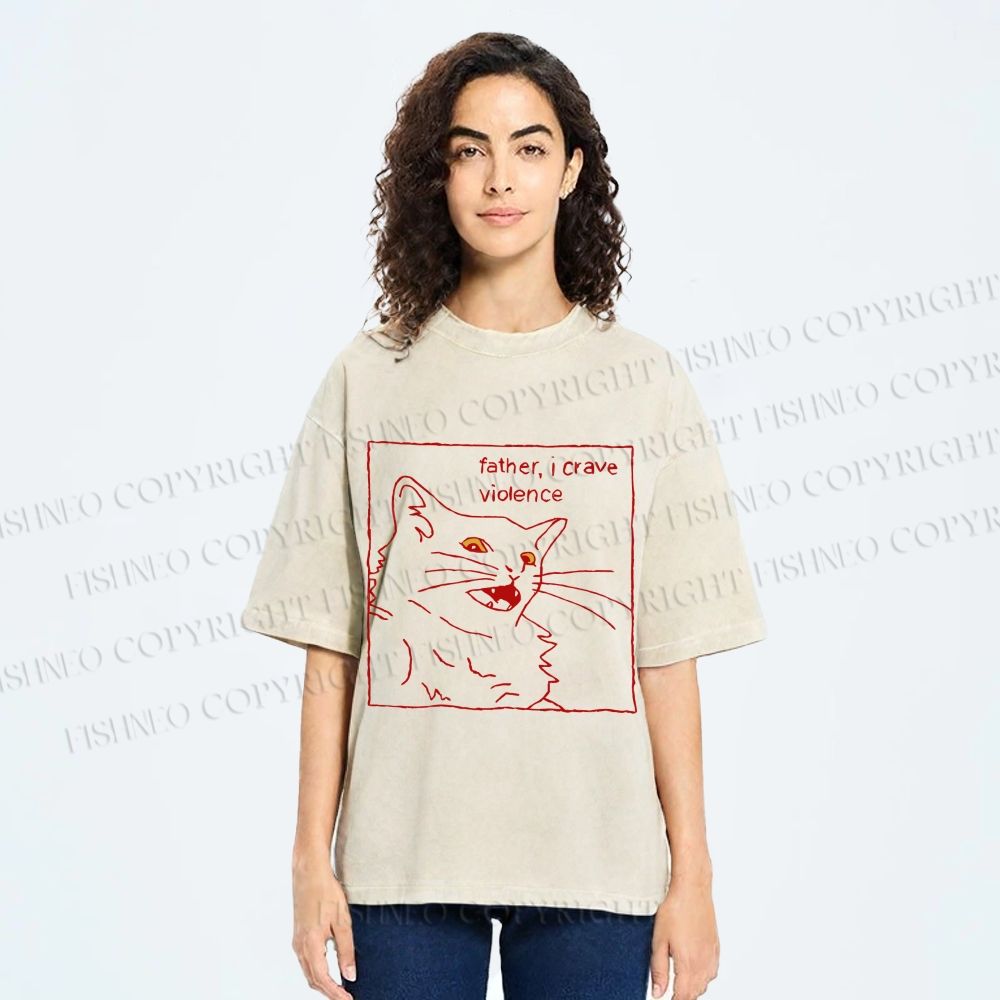 Unisex Evil Cat Crave Violence Printed Washed Tee