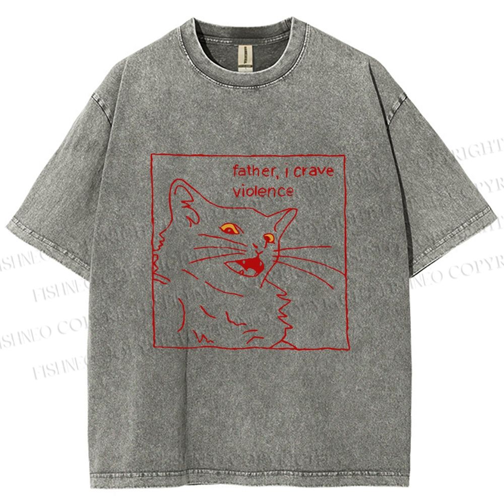 Unisex Evil Cat Crave Violence Printed Washed Tee