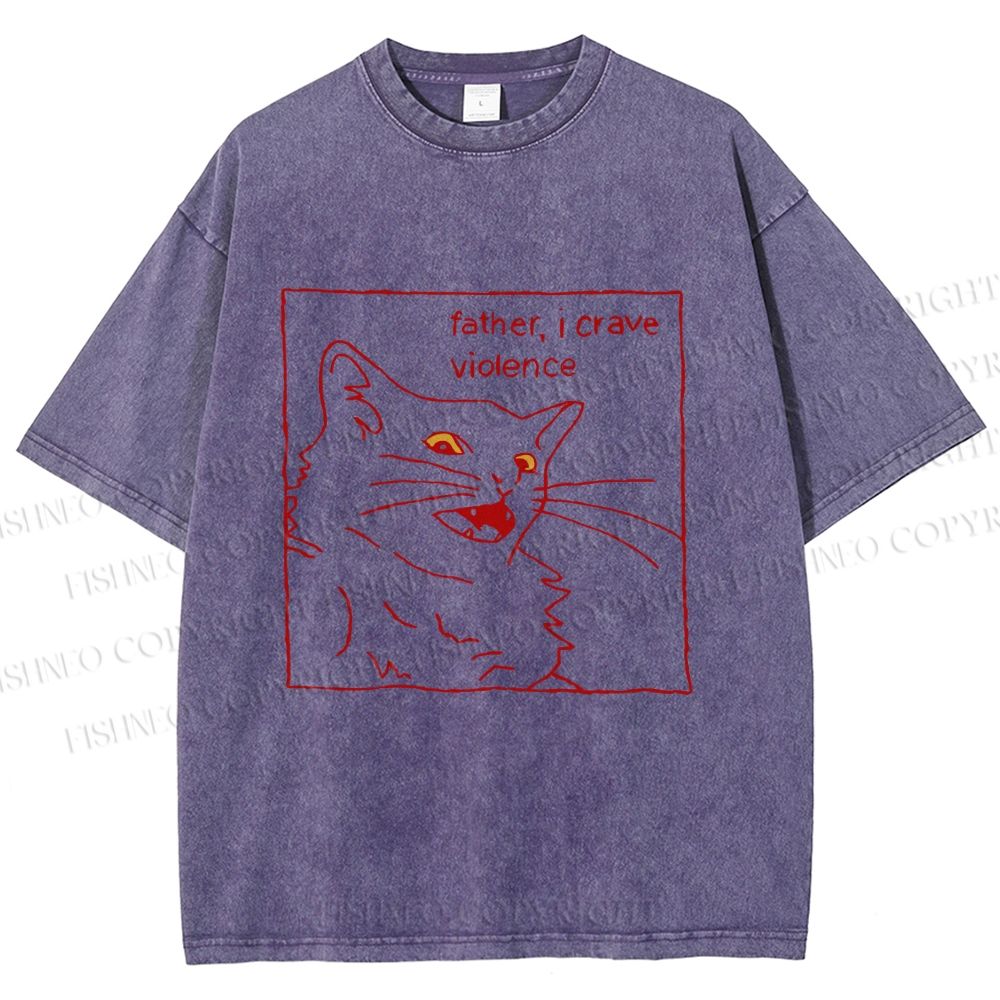 Unisex Evil Cat Crave Violence Printed Washed Tee