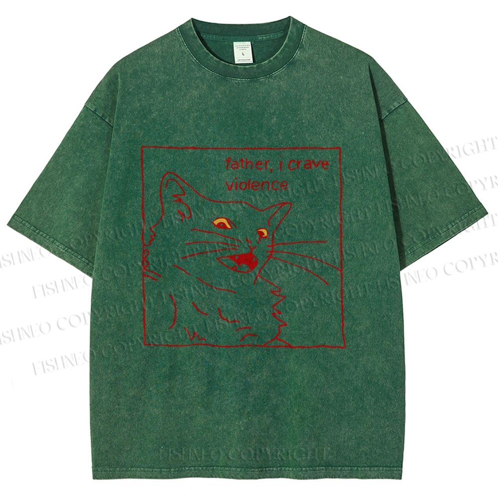 Unisex Evil Cat Crave Violence Printed Washed Tee