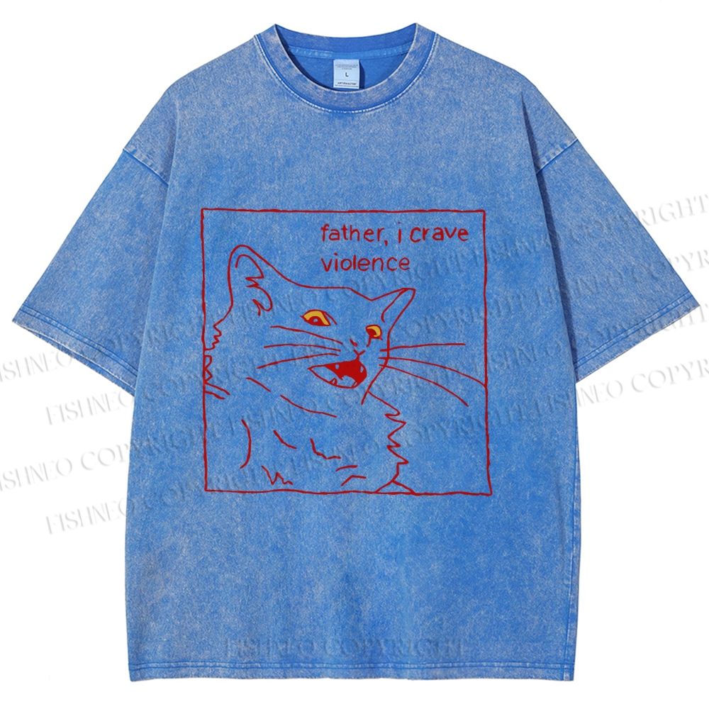 Unisex Evil Cat Crave Violence Printed Washed Tee