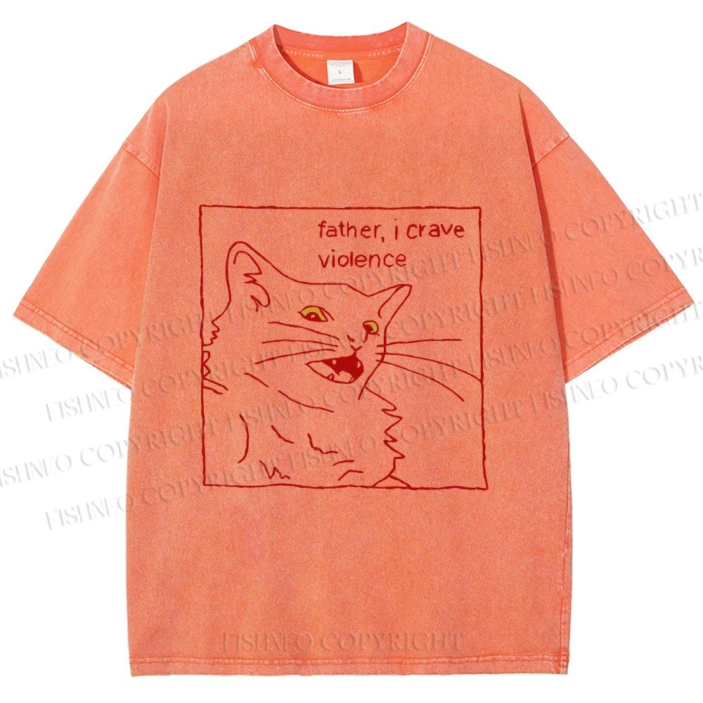 Unisex Evil Cat Crave Violence Printed Washed Tee