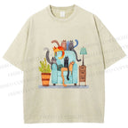 Unisex Fluffy Cats On Chair Printed Washed Tee