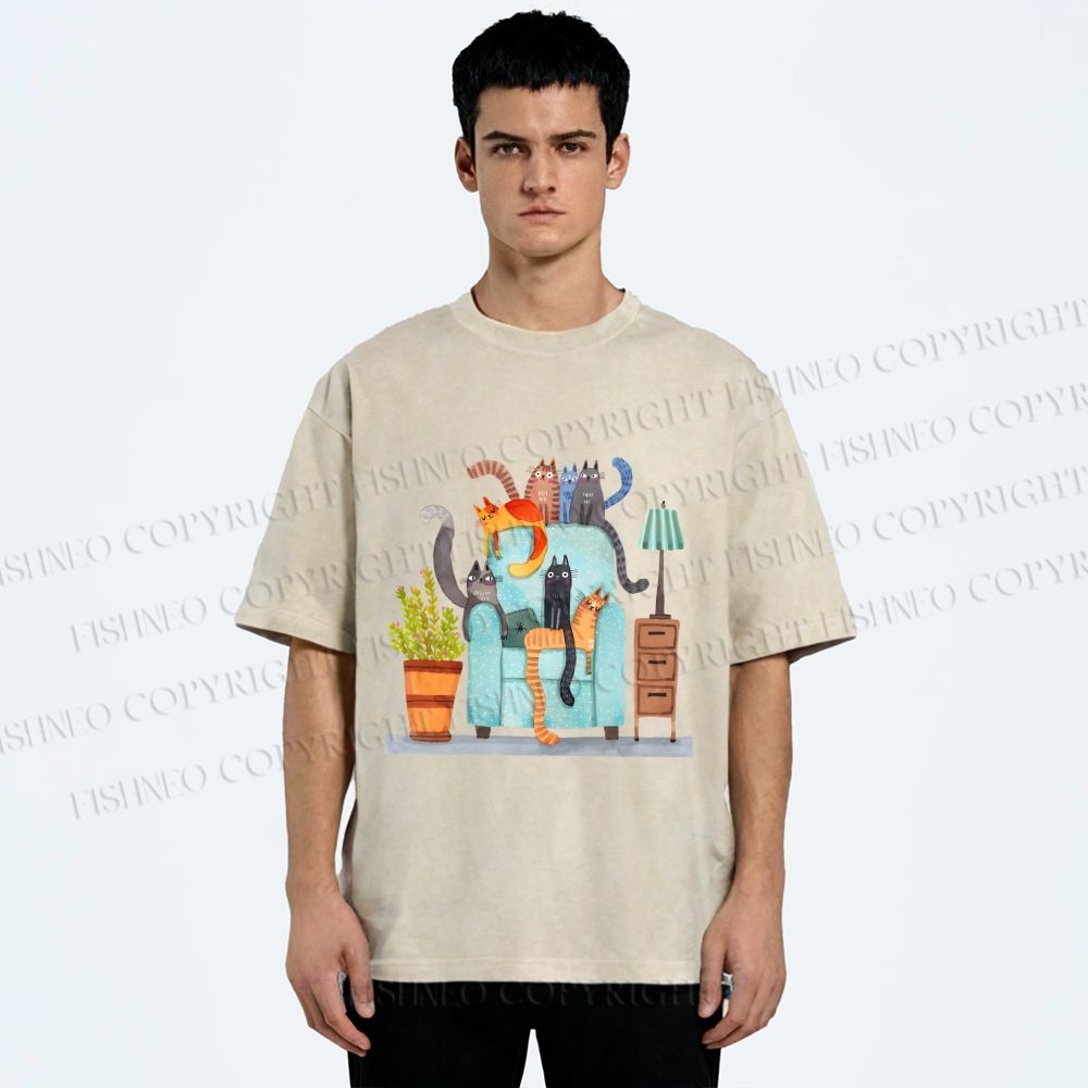 Unisex Fluffy Cats On Chair Printed Washed Tee