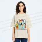 Unisex Fluffy Cats On Chair Printed Washed Tee