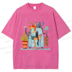 Unisex Fluffy Cats On Chair Printed Washed Tee