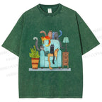 Unisex Fluffy Cats On Chair Printed Washed Tee