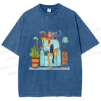 Unisex Fluffy Cats On Chair Printed Washed Tee