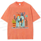 Unisex Fluffy Cats On Chair Printed Washed Tee
