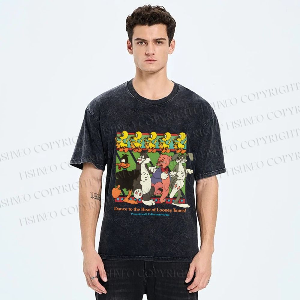Unisex Looney Tunes Dancing Happily Graffiti Printed Washed Tee