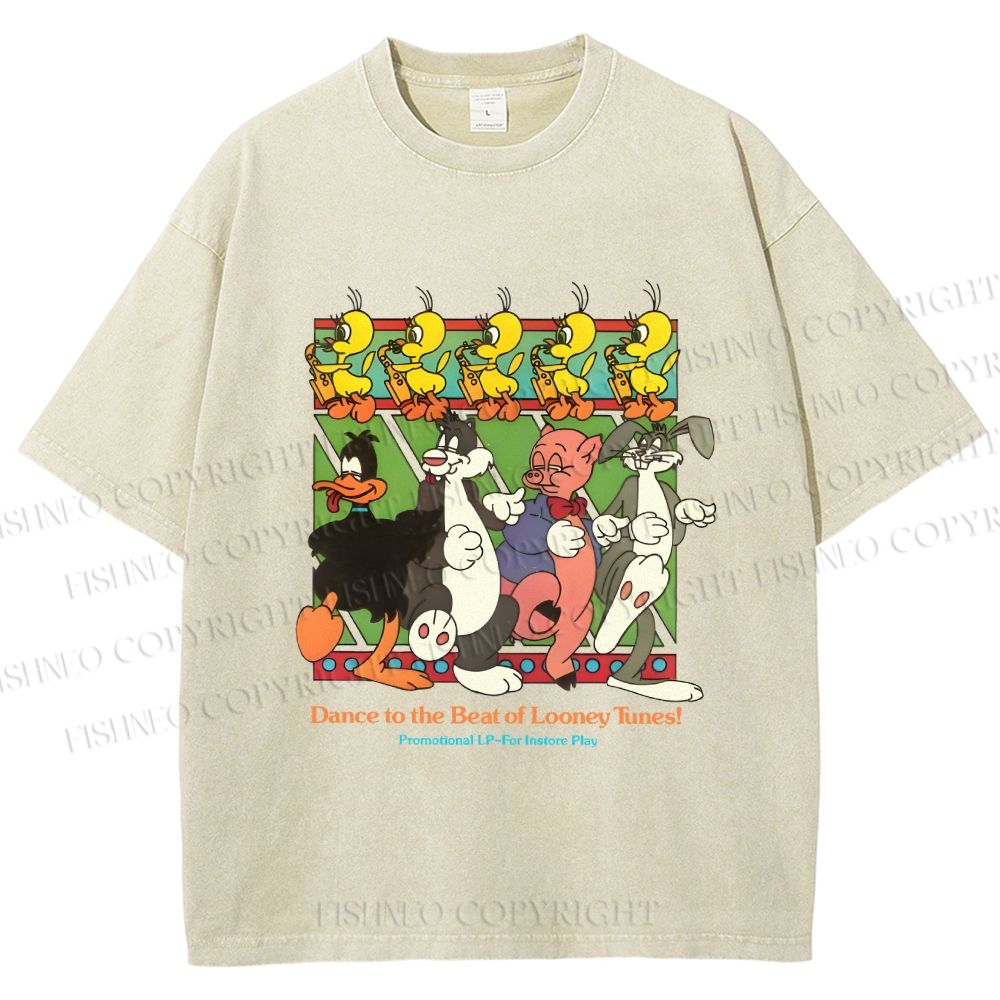 Unisex Looney Tunes Dancing Happily Graffiti Printed Washed Tee