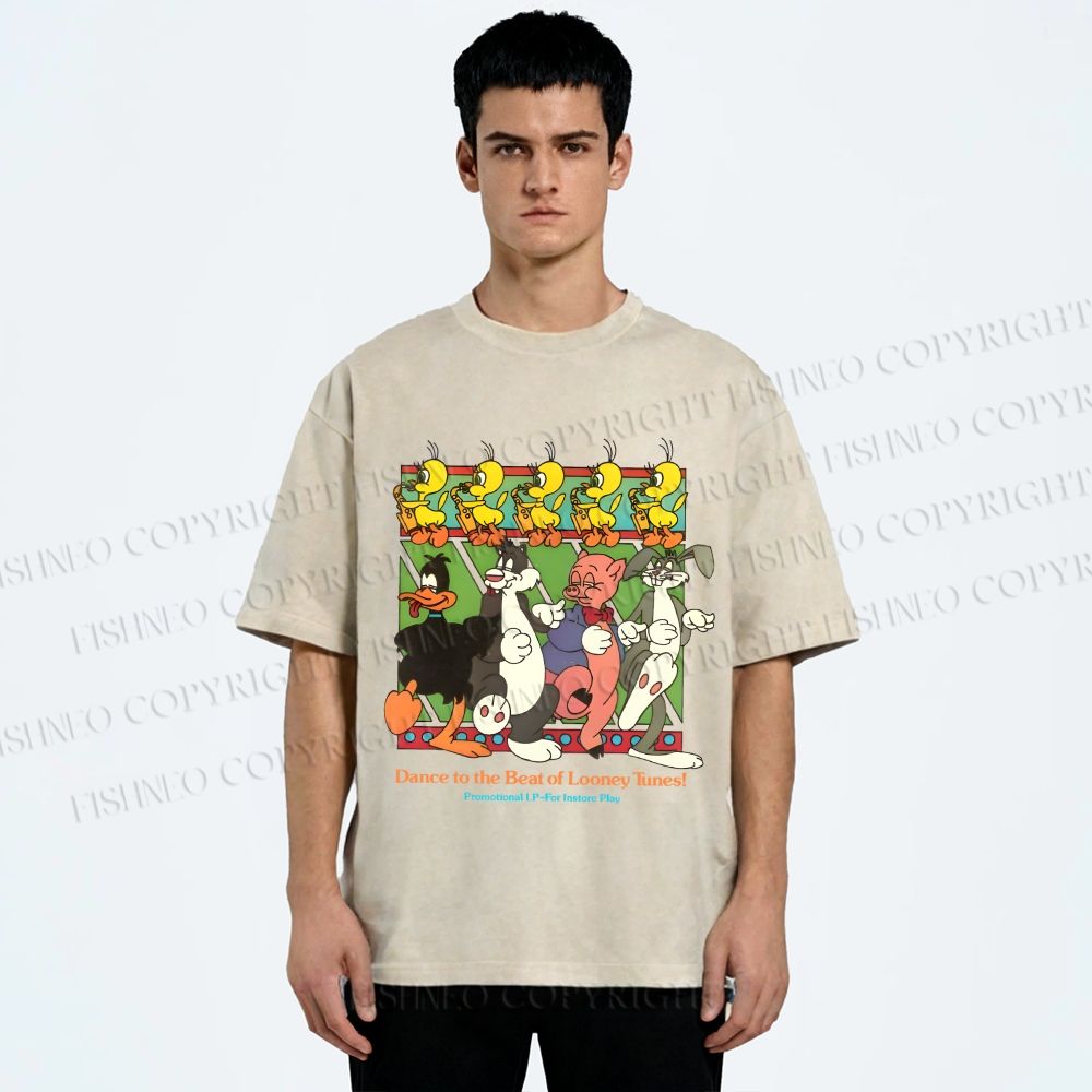 Unisex Looney Tunes Dancing Happily Graffiti Printed Washed Tee