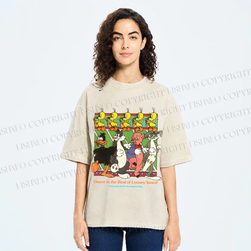 Unisex Looney Tunes Dancing Happily Graffiti Printed Washed Tee