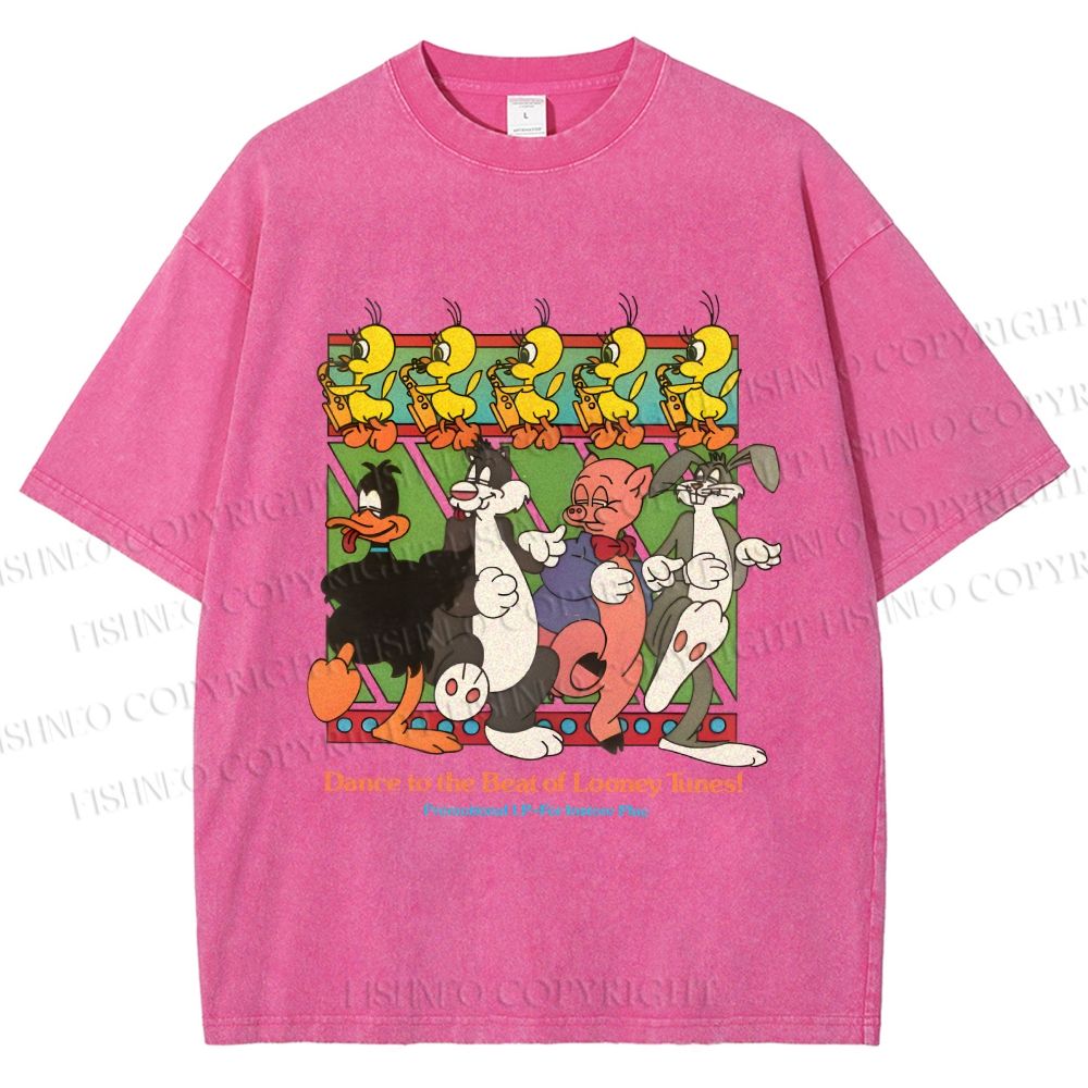 Unisex Looney Tunes Dancing Happily Graffiti Printed Washed Tee
