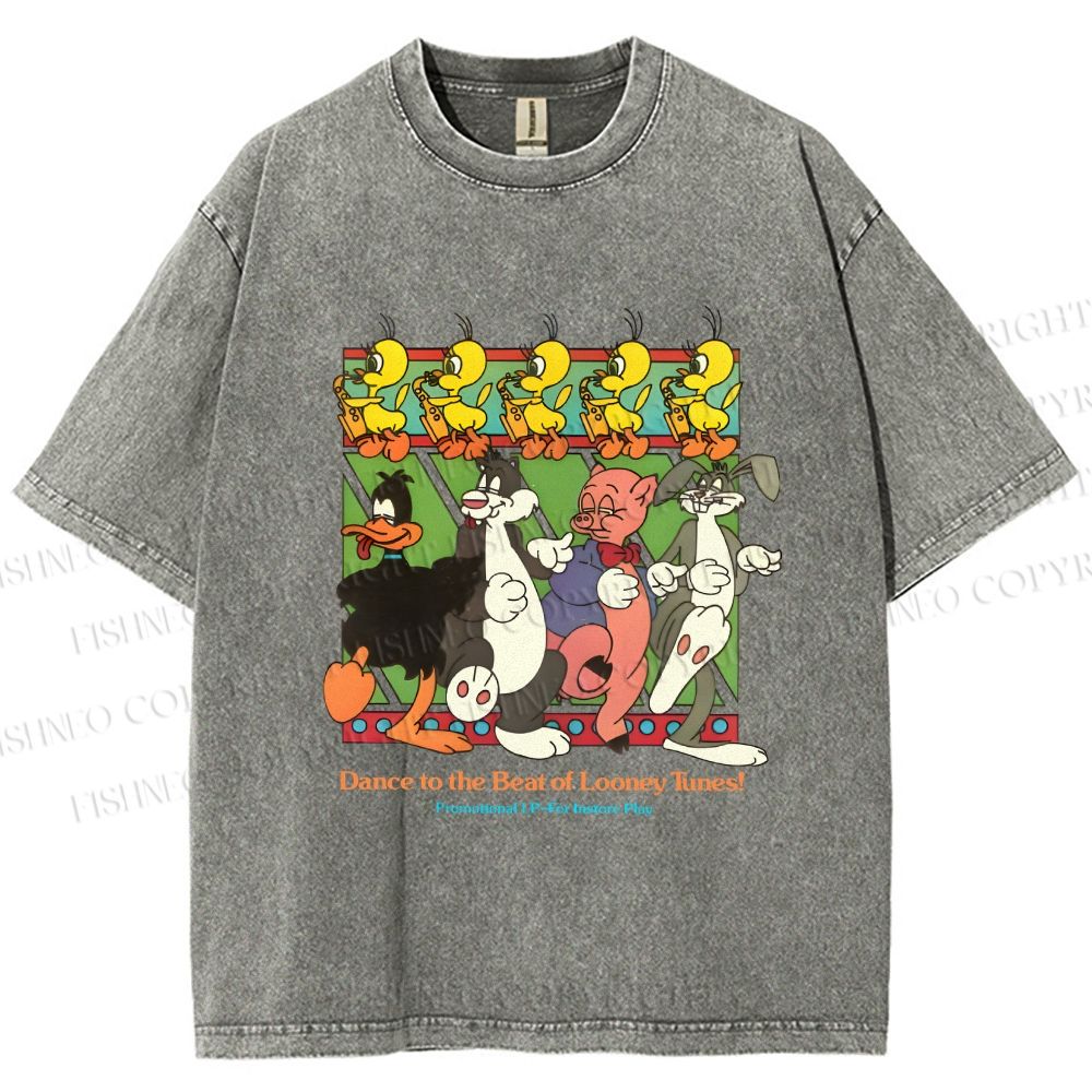 Unisex Looney Tunes Dancing Happily Graffiti Printed Washed Tee