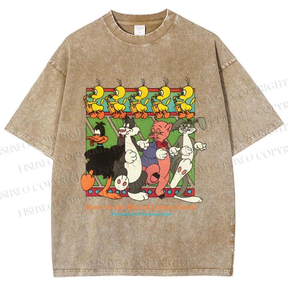 Unisex Looney Tunes Dancing Happily Graffiti Printed Washed Tee