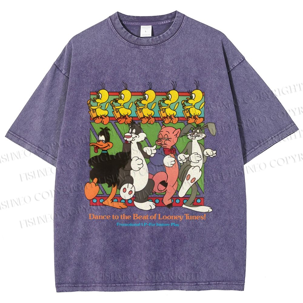 Unisex Looney Tunes Dancing Happily Graffiti Printed Washed Tee