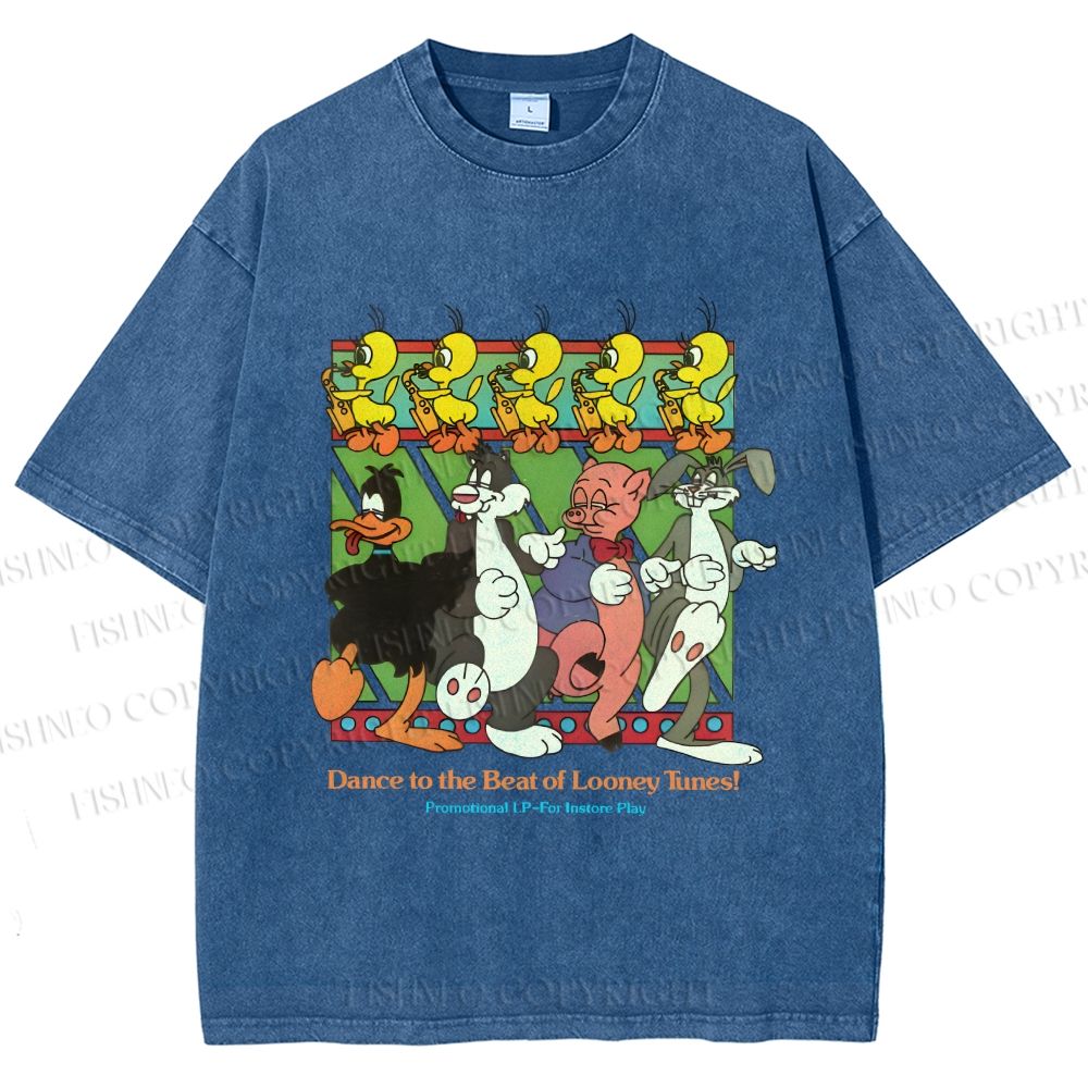 Unisex Looney Tunes Dancing Happily Graffiti Printed Washed Tee