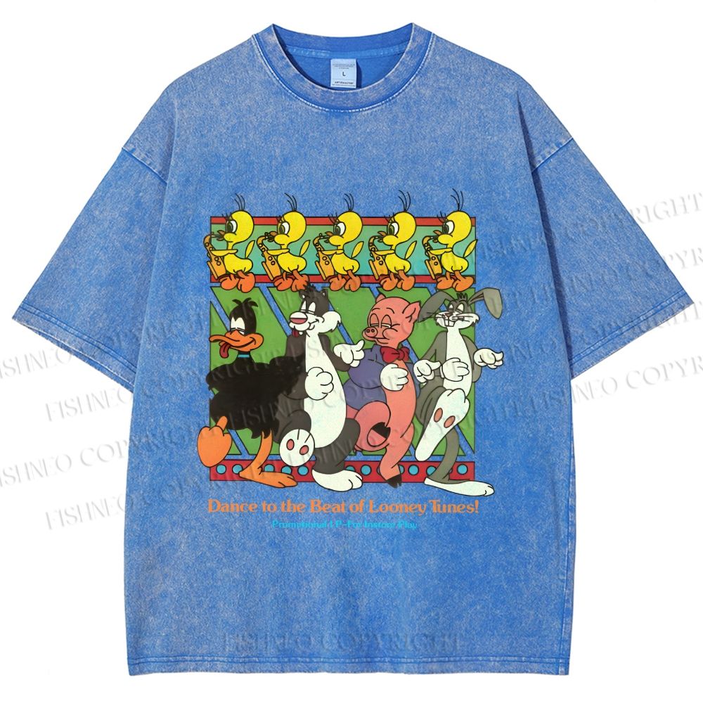 Unisex Looney Tunes Dancing Happily Graffiti Printed Washed Tee