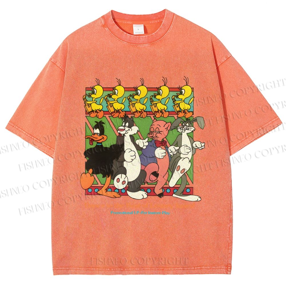 Unisex Looney Tunes Dancing Happily Graffiti Printed Washed Tee